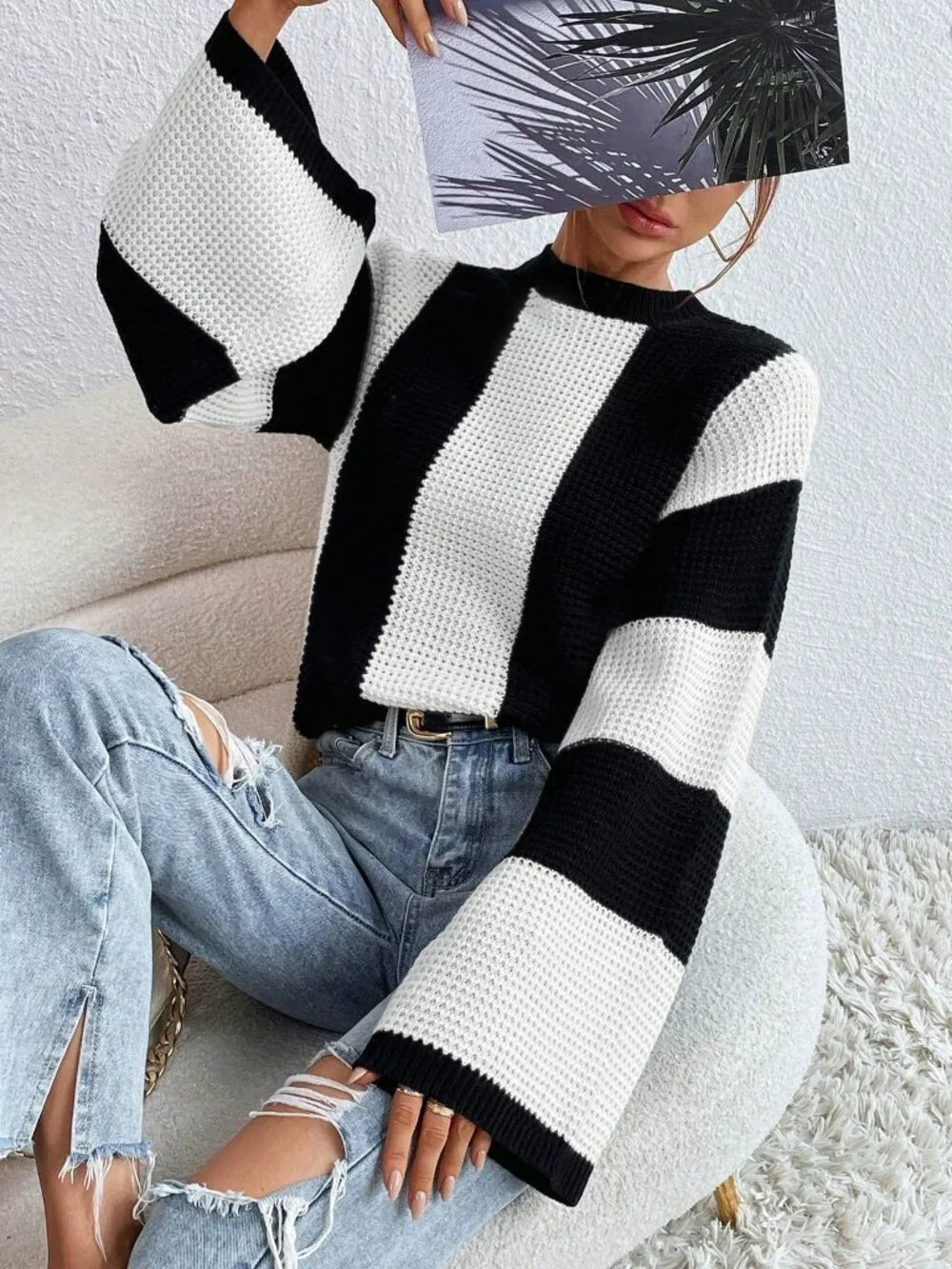 Black And White Casual Women's Color Block Striped Batwing Sleeve Loose Sweater